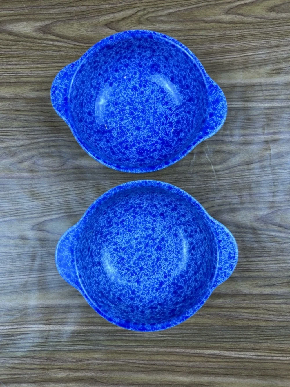 2 Vintage Coche Blue Spongeware Speckled Bowls Handled Stoneware 6.5” Portugal